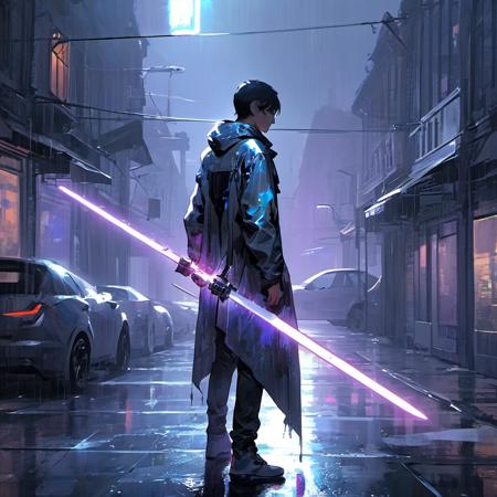 02059-270365850-1man wear holographic clothing,(a dilapidated city_0.8),(a foggy and rainy night_0.8),holding a laser sword,(black_cloud_0.5),(t.png